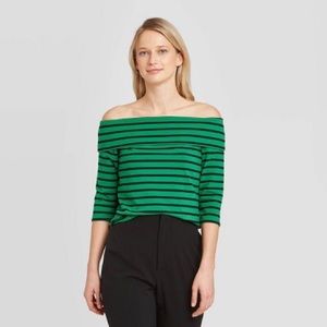 Striped 3/4 Sleeve Off the Shoulder Bardot Top-New